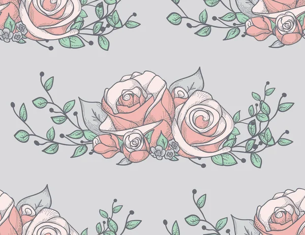 Seamless mönster med ritade blommor, rosor med grenar — Stock vektor