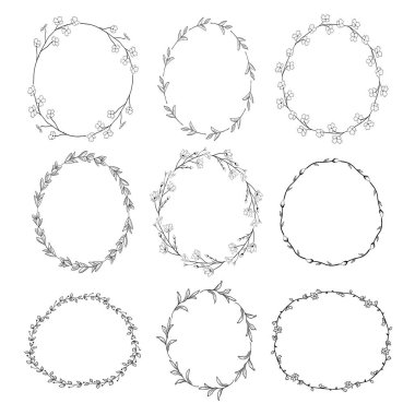 Doodle çelenk dalları, otlar, bitkiler ve çiçekler