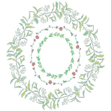 Doodle çelenk dalları, otlar, bitkiler ve çiçekler