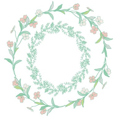 Doodle çelenk dalları, otlar, bitkiler ve çiçekler