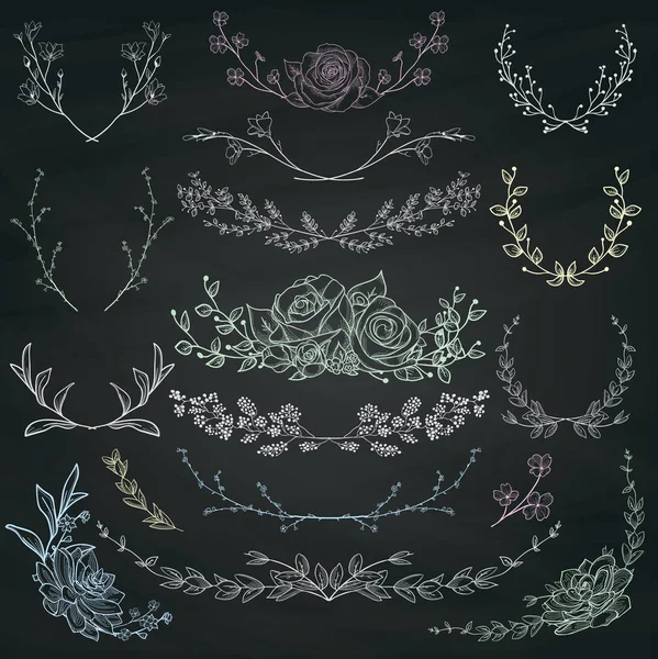 Tiza Dibujo Hierbas, Plantas y Flores. Ilustración vectorial — Vector de stock