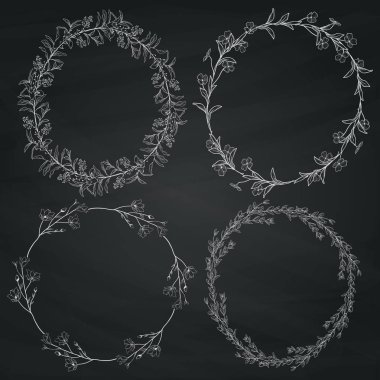 Doodle çelenk dalları, otlar, bitkiler ve çiçekler