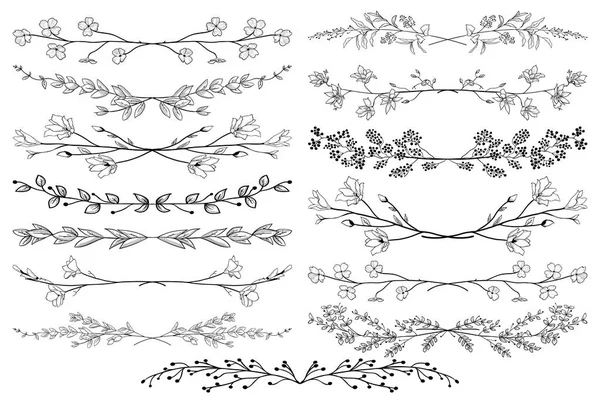 Vector Black Dividers with Branches, Plants and Flowers — Stock Vector