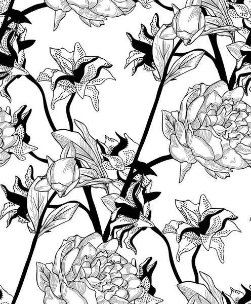 Vetor preto sem costura padrão com flores desenhadas, Peony —  Vetores de Stock