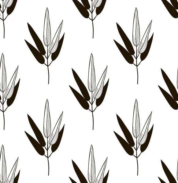 Vector Black Seamless Pattern with Drawn Bamboo Leaves — Stock Vector