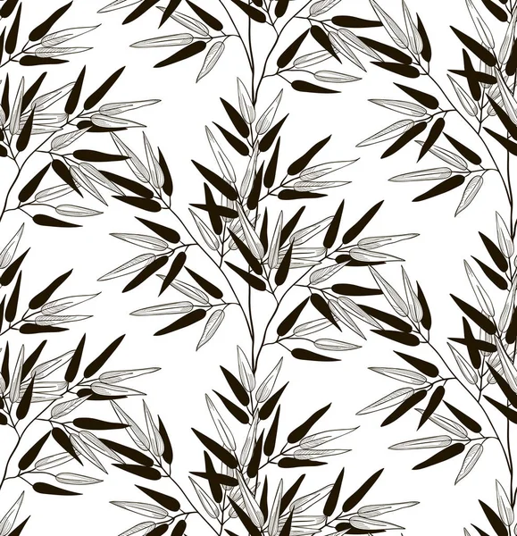 Padrão sem costura preto vetorial com folhas de bambu desenhadas — Fotografia de Stock Grátis