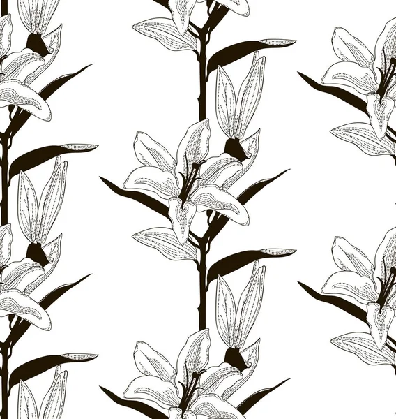 Vektor svart sömlös mönster med dragna liljor — Stock vektor