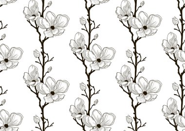 Vektör siyah Seamless Modeli çizilmiş kiraz çiçekleri ile