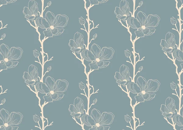 Patrón sin costura Vector Azul con flores de cereza dibujadas Ilustración De Stock