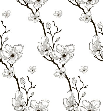 Vektör siyah Seamless Modeli çizilmiş kiraz çiçekleri ile