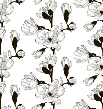 Vektör siyah Seamless Modeli çizilmiş kiraz çiçekleri ile