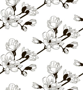 Vektör siyah Seamless Modeli çizilmiş kiraz çiçekleri ile