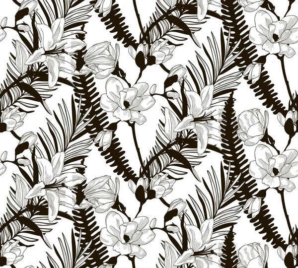 Vektor nahtloses Muster mit gezeichneten Blüten und Blättern — Stockvektor