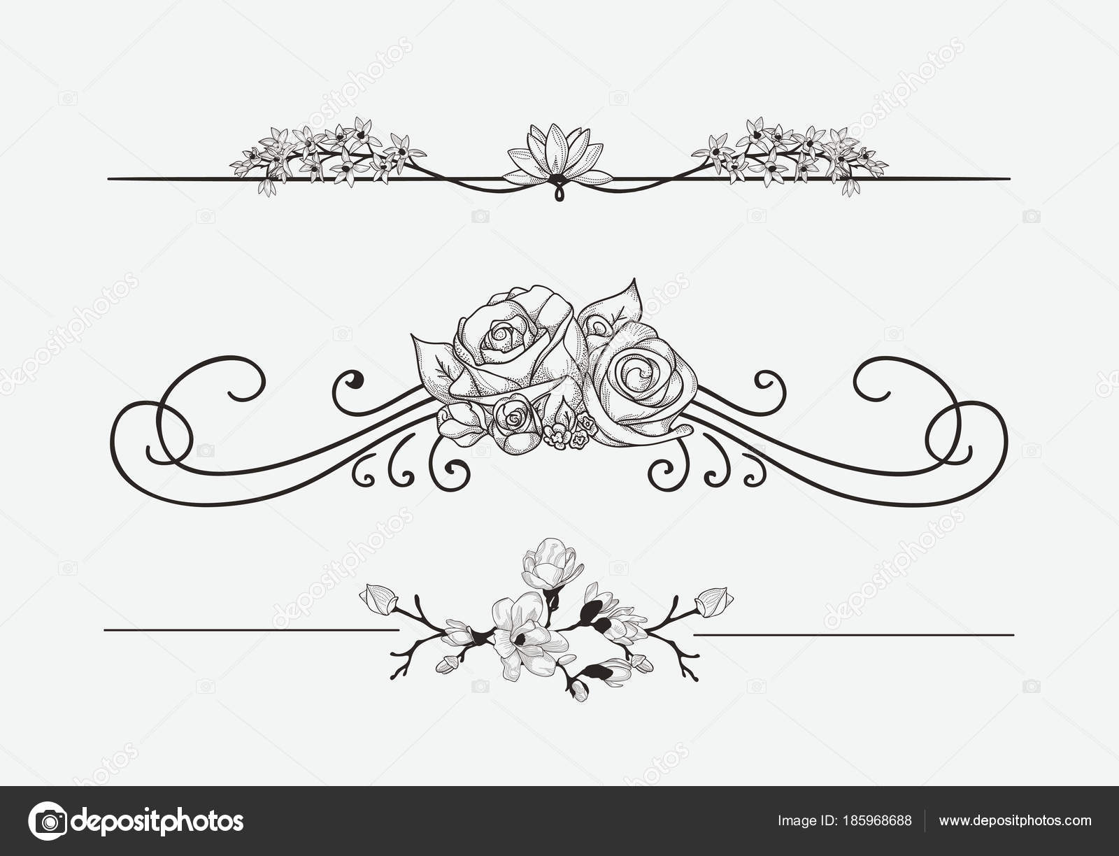 Vector Black Floral Dividers with Flowers and Swirls ...