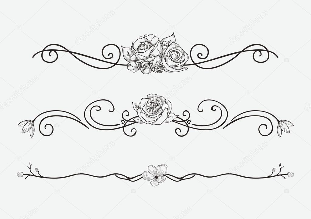 Vector Black Floral Dividers with Flowers and Swirls