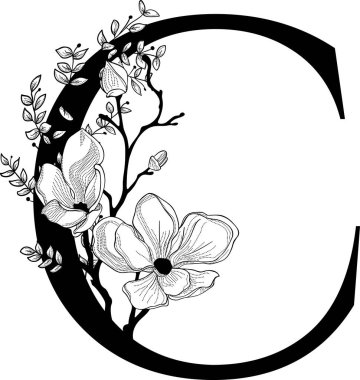 Vektör el çekilmiş çiçek C monogram ve logosu