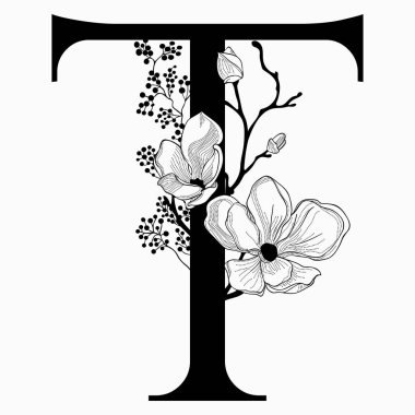 Vektör çiçek büyük T el çekilmiş monogram ve logosu