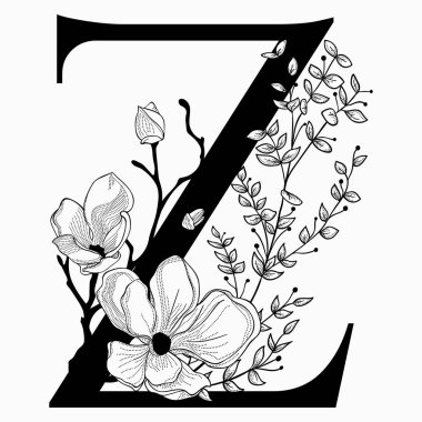 Vektör çiçek büyük harf Z el çekilmiş monogram ve logosu