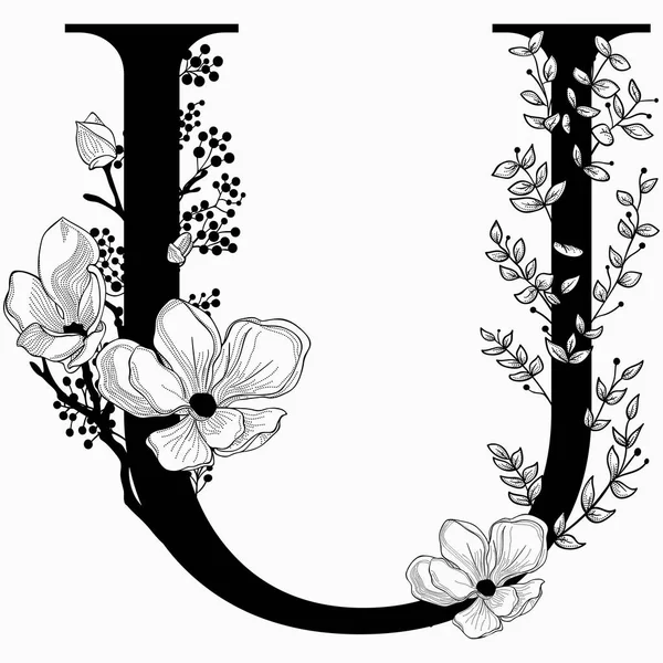 Vektor handgezeichnet floralen Großbuchstaben u Monogramm und Logo — Stockvektor