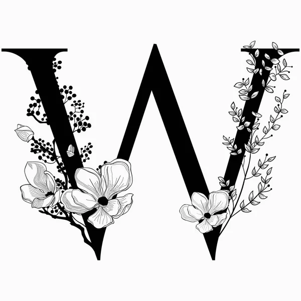 Vector dibujado a mano floral mayúscula W monograma y logotipo — Archivo Imágenes Vectoriales