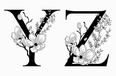 Vektör el çekilmiş çiçek büyük harfler Monogram