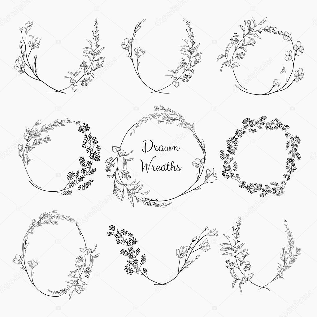 Doodle Wreaths with Branches, Herbs, Plants and Flowers