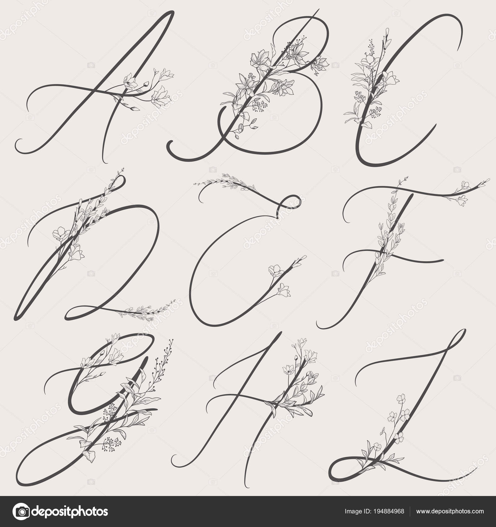 Uppercase Letters With Flowers And Branches Handwritten Monogram Letter A, Uppercase Letters With Flowers And Branches Handwritten Monogram Letter A,