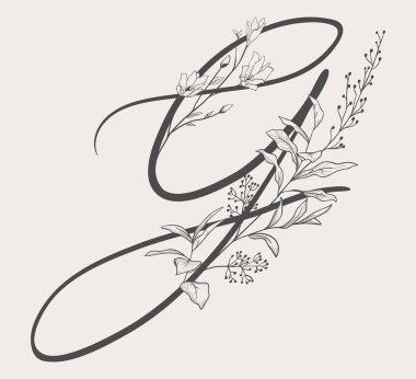 Vektör el çizilmiş çiçekli G Monogram ve logosu