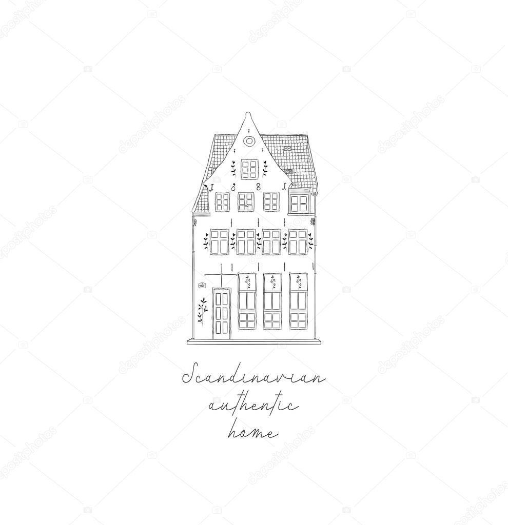 House Hand drawn isolated old home, old town, sketch, doodle. Vector illustration. Logo Branding