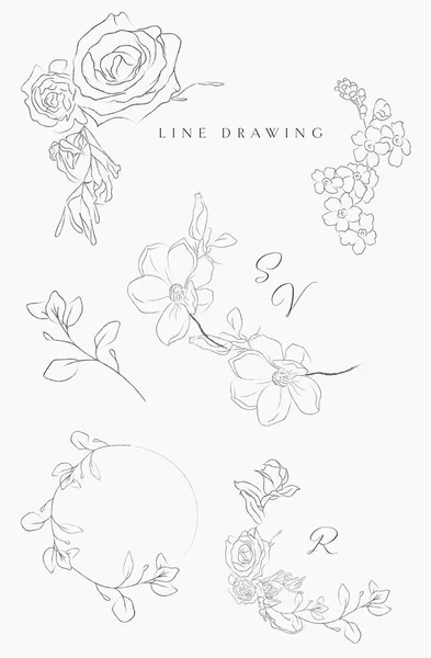 Línea dibujo vector floral guirnaldas marcos ramas — Archivo Imágenes Vectoriales