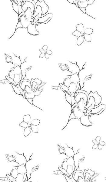 Line drawing vector floral seamless pattern — 스톡 벡터