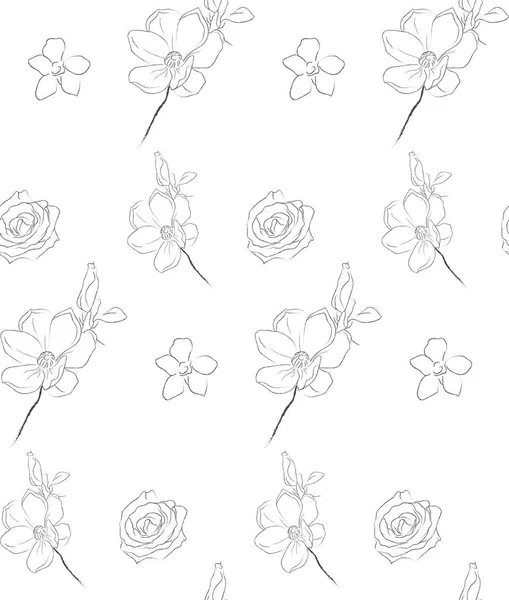Línea de dibujo vector floral patrón sin costura — Vector de stock