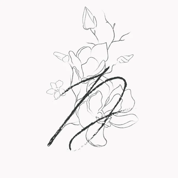 Handwritten line drawing Floral Logo Monogram D — Stock Vector