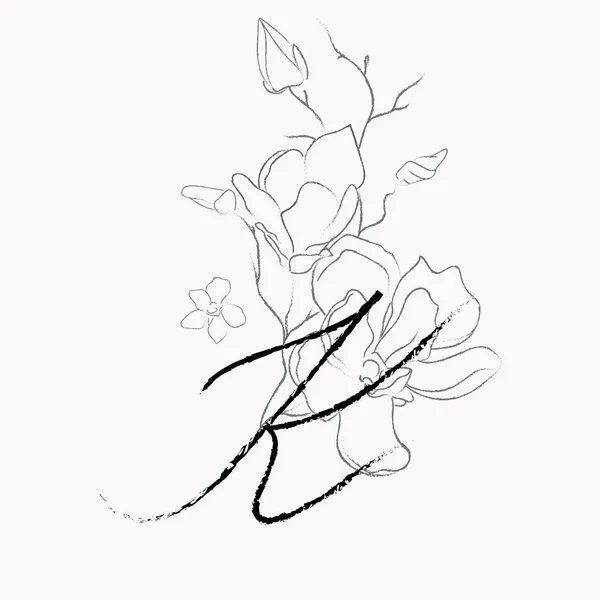 Dessin manuscrit à la ligne Logo floral Monogramme K — Image vectorielle