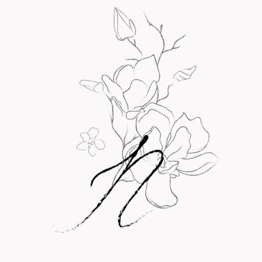 Handwritten line drawing Floral Logo Monogram N
