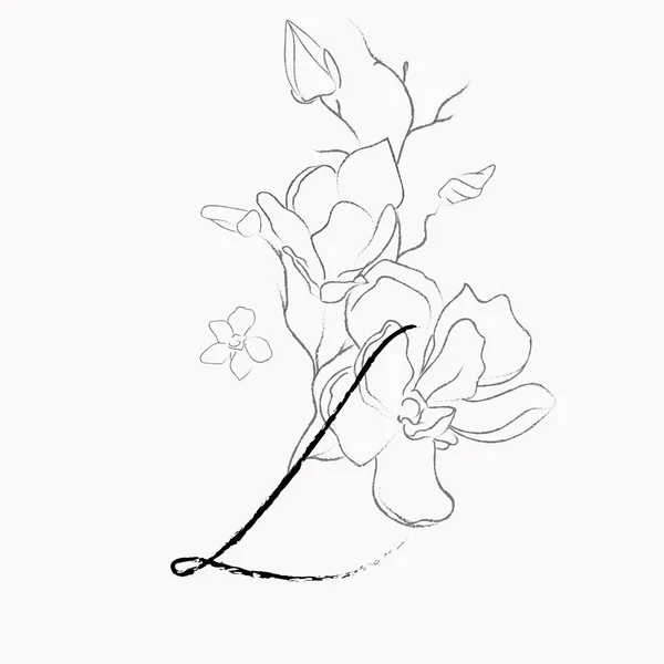 Dibujo de línea manuscrita Logotipo floral Monograma L — Vector de stock