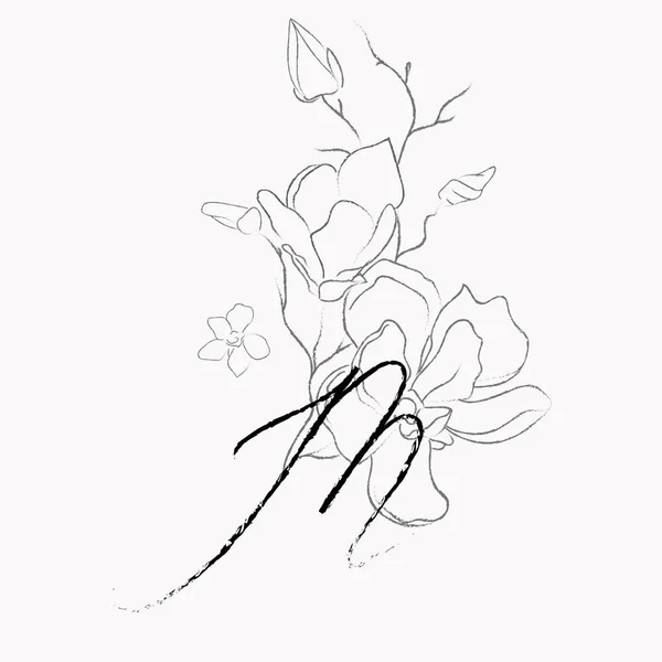 Desenho de linha manuscrita Floral Logo Monograma M — Vetor de Stock