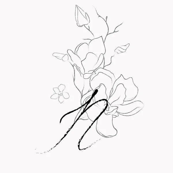 Desenho de linha manuscrita Floral Logo Monograma N — Vetor de Stock