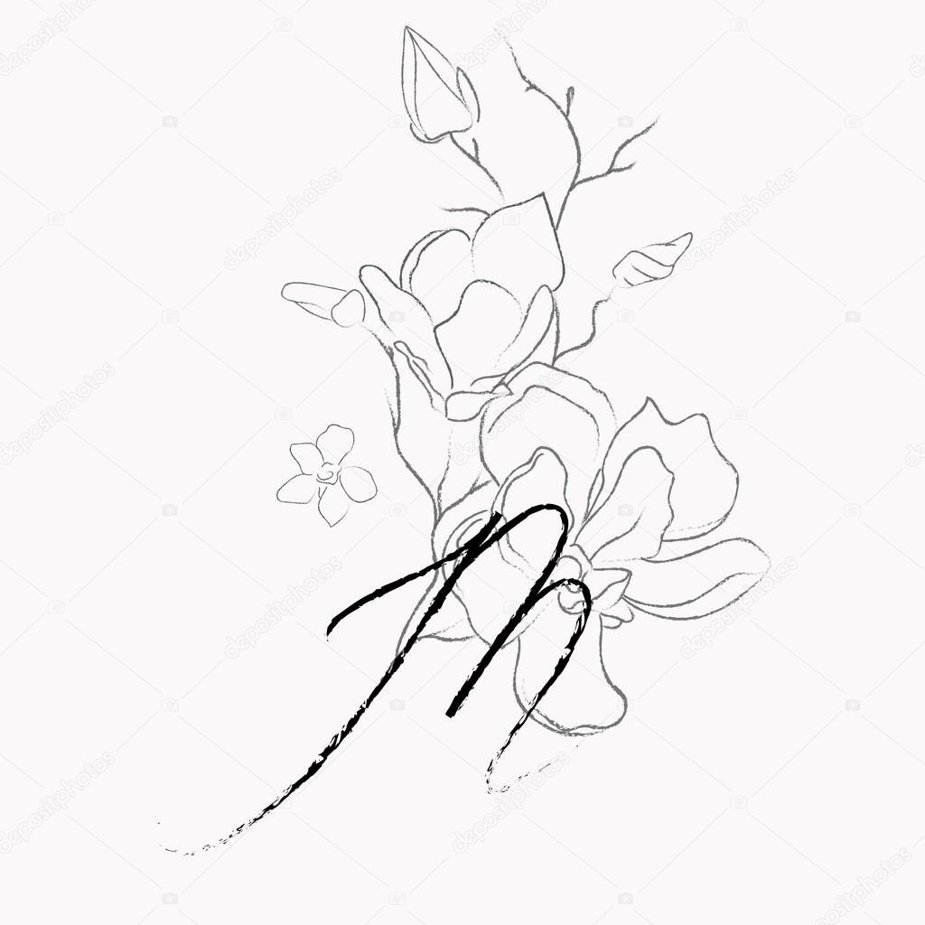 Handwritten Floral Logo Template. Line Drawing Monogram M with Magnolia Flower, Plants, Branches, Leaves. Design Element Vector Illustration. Branding. Wedding, photography, art, studio