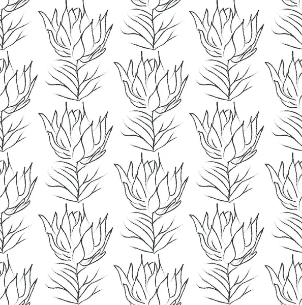 Vector Line Drawing Floral Seamless Pattern — Stock Vector