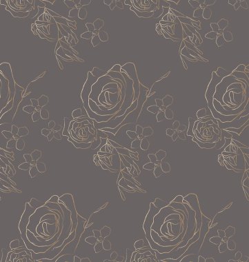 Vector Golden Line Drawing Floral Seamless Pattern