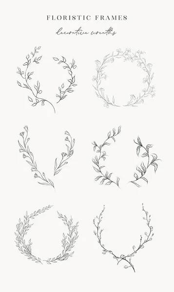 Line drawing vector leaf branch wreaths frames — 图库矢量图片