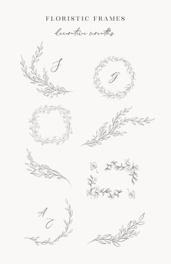 Line drawing vector leaf branch wreaths frames