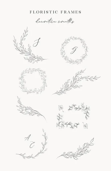 Line drawing vector leaf branch wreaths frames — Stockvektor