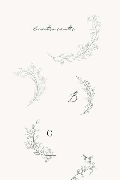 Line drawing vector leaf branch wreaths frames — 스톡 벡터