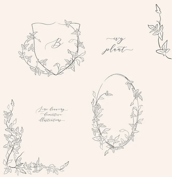 Line drawing vector leaf branch wreaths frames — 图库矢量图片