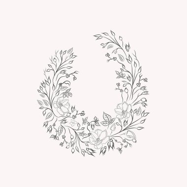 Line drawing vector leaf flower wreath frame