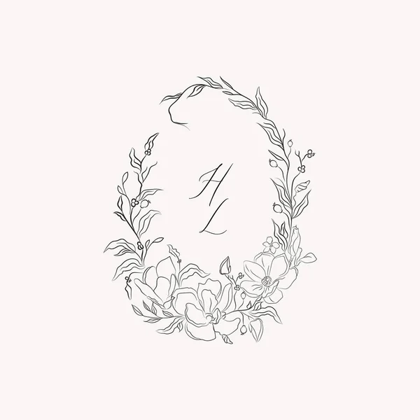 Line drawing vector leaf flower wreath frame — Stockvektor