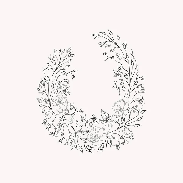 Line drawing vector leaf flower wreath frame — Stockvektor