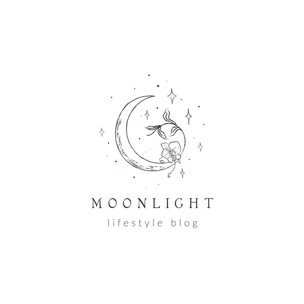 Abstract line moon logo with stars and florals — Stock Vector